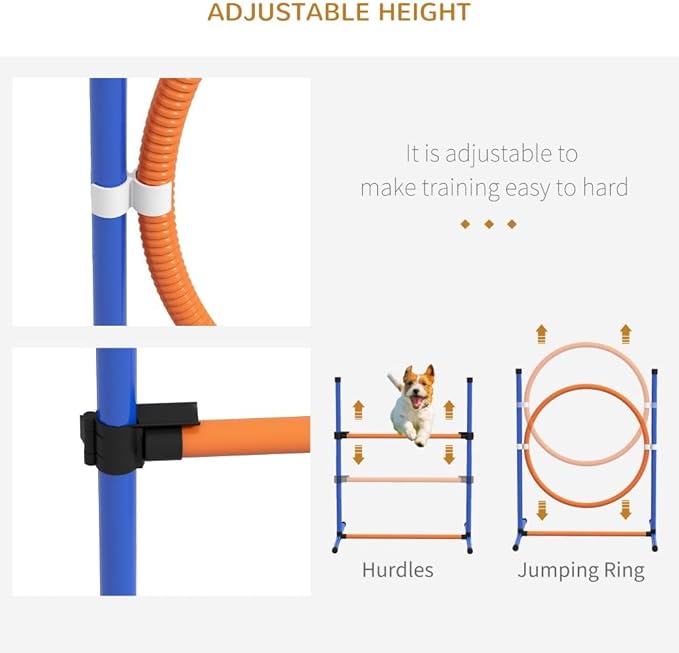 4 Pieces Dog Agility Training Equipment with Weave Poles, Adjustable Hurdle Jumping Ring, Pause Box, Whistle, Toy Balls for Backyard,Obstacle Course for Dogs Backyard (Blue + Orange, 4 Piece)