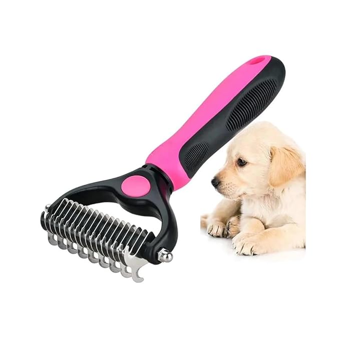 Sakerplus Double-Sided Pet Grooming Rake,Dematting Undercoat Rake for Dogs and Cats, 2-in-1 Dematting Comb, Pet Grooming Rake for Long Hair Pets (Pink, large)