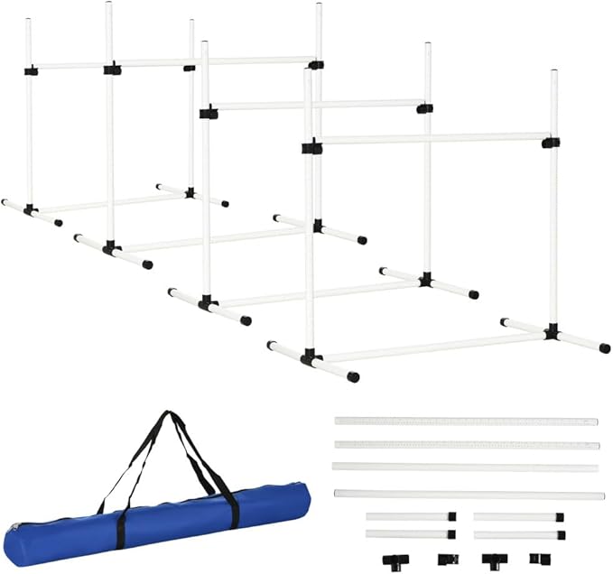 anwickjeff 4 Piece Dog Agility Training Equipment with Adjustable Height Jump Bars, Included Carry Bag, & Displacing Top Bar, Advanced Obstacle Courses for Dog Backyard Competitive (White, 4 Piece)