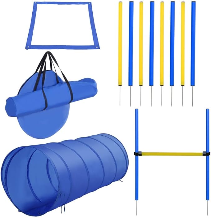 anwickjeff 4PC Dog Agility Training Equipment with Jump Hurdle, Tunnel, Pause Box, Weave Poles and Carrying Bag, Obstacle Course for Dogs Backyard Competitive (Yellow + Blue, 4 Piece)