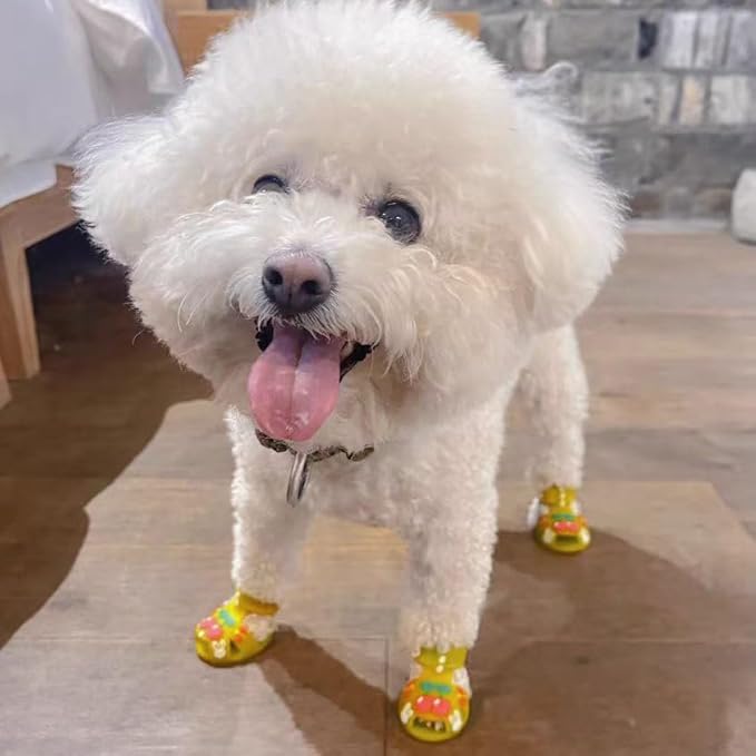 Cute Summer Dog Shoes Sweet Cherry Puppy Sandals Pet Jelly Shoes Flats, Dog Booties Paw Protector for Summer Hot Pavement (Candy Yellow, #4: 2.28''x1.73''(Length*Width))