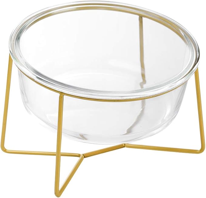 Large Glass Tilted Elevated Cat Dog Bowl Raised Cat Food Water Bowl Dish Pet Comfort Feeding Bowls with Gold Iron Stand