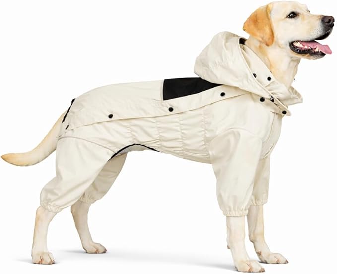 LOVELONGLONG Waterproof Dog Raincoat with Removable Hood – Outdoor Full Body Dog Jacket, Windproof Snowproof Shell Suit – All Season Pet Rain Gear Ivory XL