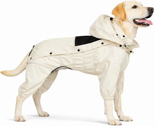 LOVELONGLONG Waterproof Dog Raincoat with Removable Hood – Outdoor Full Body Dog Jacket, Windproof Snowproof Shell Suit – All Season Pet Rain Gear Ivory XL