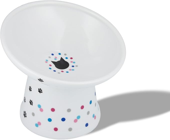 Necoichi Elevated Cat Food Bowl, Ceramic (Porcelain),15° Tilted, Whisker-Friendly, Dishwasher, Microwave Safe, Non-Slip, Anti-Vomiting, Neck Fatigue (Colorful Dots, Extra Wide Tilted, 1.5Cup Cap.)