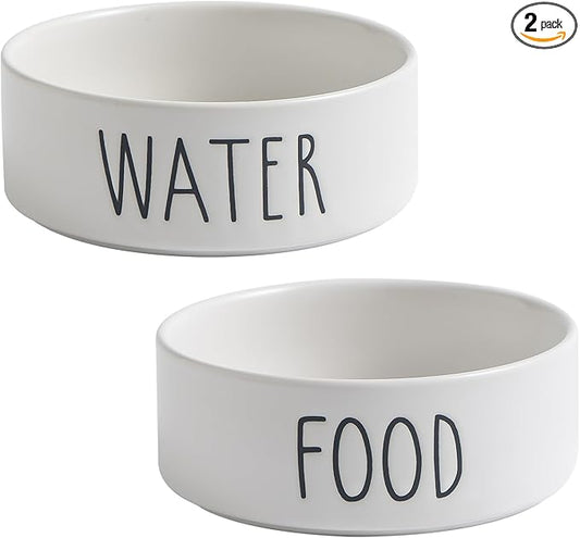Ceramic Dog Bowls Set of 2 - Weighted Dog Dishes with Food & Water Lettering for Cats and Small Dogs, Food Grade Pet Bowl, Dishwasher & Microwave Safe (5.1 inch, 2 * 16oz, White)