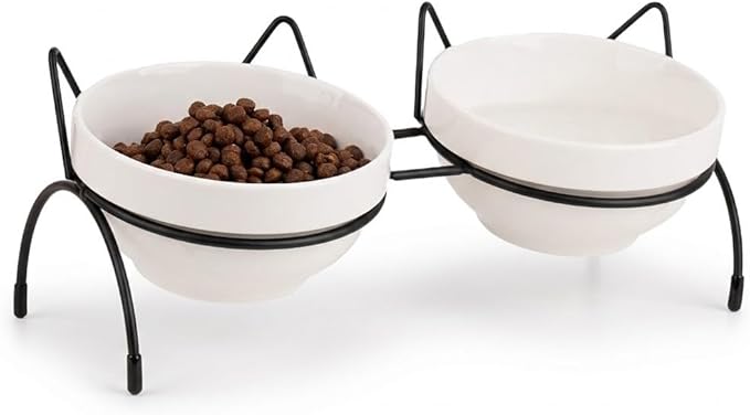 Cat Food Water Bowl Set, Double Ceramic Pet Bowls with 15°Tilted Raised Stand, Elevated Feeding Station with Two Removable Bowls, Raised Cat Bowl, Anti Vomiting Pet Dish Feeder, Kitten and Small Dogs