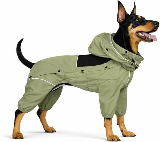 LOVELONGLONG Waterproof Dog Raincoat with Removable Hood – Outdoor Full Body Dog Jacket, Windproof Snowproof Shell Suit – All Season Pet Rain Gear Sage Green 3XL