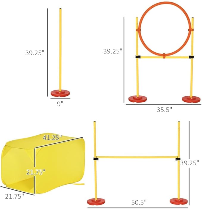 anwickjeff 4-Piece Dog Agility Training Equipment with Tunnel, Hurdle Bar, Hoop, Weave Poles, and Easy Carry Case,Obstacle Course for Dogs Backyard Competitive (Yellow, 4 Piece)