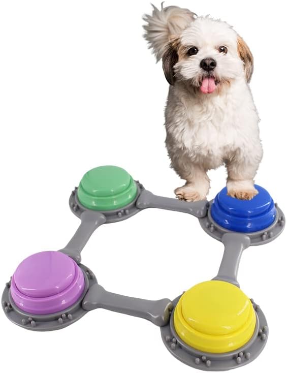 Set of 4 Talking Buttons for Cat and Dog Training, Funny Engravable Voice Command Buttons with Placement Stickers, Colorful and Customizable - Y, G, P, B
