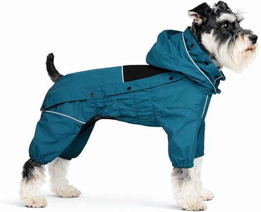 LOVELONGLONG Waterproof Dog Raincoat with Removable Hood – Outdoor Full Body Dog Jacket, Windproof Snowproof Shell Suit – All Season Pet Rain Gear Ocean Teal S+