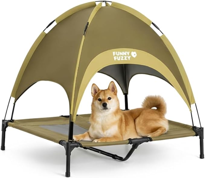FUNNY FUZZY Elevated Dog Bed with Canopy for Large Dogs up to 120 lbs– Raised Dog Cot Bed with UV Shade,Waterproof,Breathable Mesh,Outdoor & Indoor Use,Portable,Green(36"×30"×7")