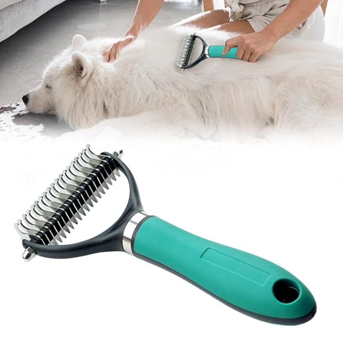 Pet Grooming Brush, 2026 New Multifunctional Double-Sided Undercoat Rake for dogs, Durable Dematting Tool for long haired cats, Easy Grip Fur Remover Comb for home use (Green)