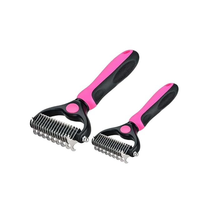 Sakerplus Double-Sided Pet Grooming Rake,Dematting Undercoat Rake for Dogs and Cats, 2-in-1 Dematting Comb, Pet Grooming Rake for Long Hair Pets (Pink, large+small)