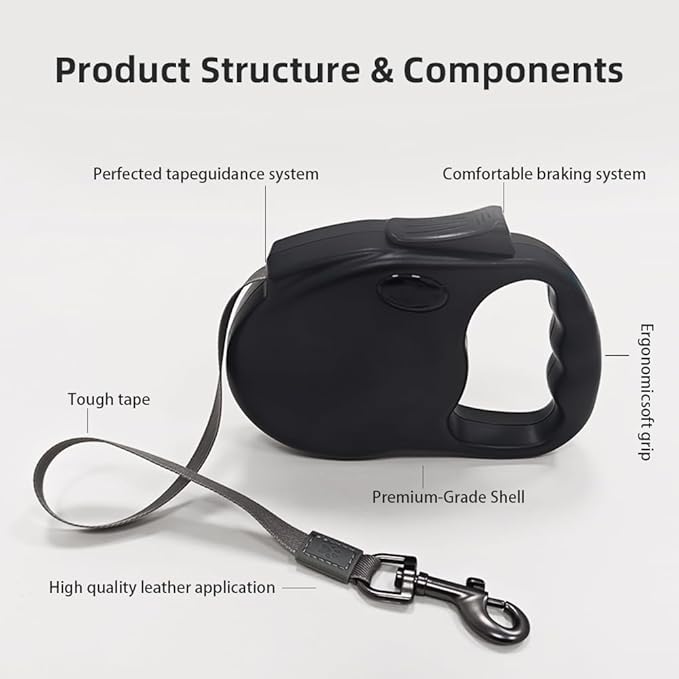 Retractable Dog Leash for Medium & Large Dogs up to 80 lbs, One-Handed Brake, 180kg Strong Nylon Tape, Tangle Free, Anti-Slip Handle (M & L Size) (Black, M-4M)