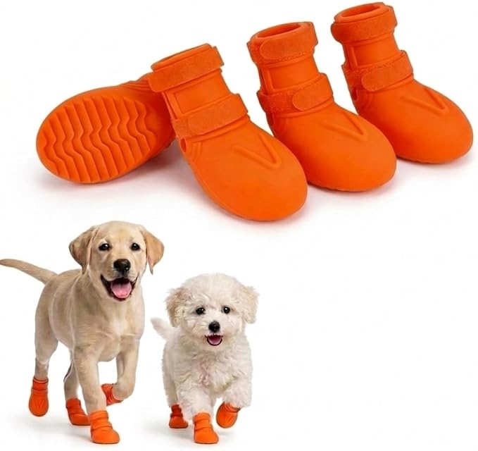 Waterproof Rubber Rain Boots for Large Dogs – Non-Slip Paw Protectors for Hot Pavement & Snow, Easy On/Off Wide Cuff, Dual Hook and Loop Sasteners, Orange XXL