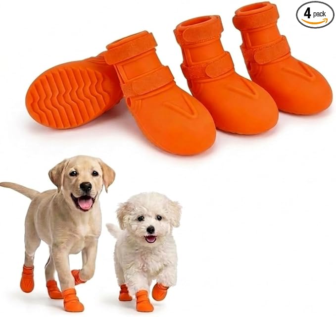 4 Pcs Waterproof Dog Shoes for Medium Large Dogs – Easy-On Silicone Paw Protectors for Hot Pavement & Snow, Non-Slip with Double Adjustable Straps & Anatomical Design,Orange L