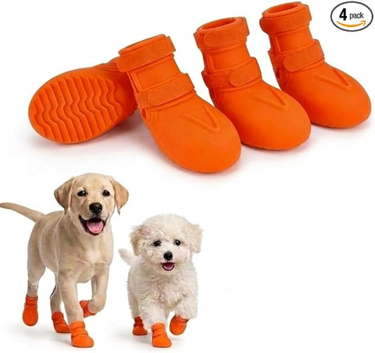 4 Pcs Waterproof Dog Shoes for Medium Large Dogs – Easy-On Silicone Paw Protectors for Hot Pavement & Snow, Non-Slip with Double Adjustable Straps & Anatomical Design,Orange L