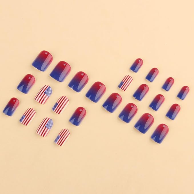 yefiuo 4th of July Press on Nails Short Square Ombre French Fake Nails Press ons Flag Acrylic False Nails Glue on Nails Reusable Nail Tips Kit Full Cover Stick on Nail Supplies for Women Girls 24Pcs