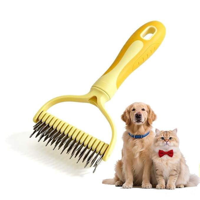 Pet Pro Grooming Tool, Pet Grooming Rake Double Sided Shedding Deshedding Brush for Dogs Cats, Undercoat Rake Dematting Comb for Long Haired Pets with Stainless Steel Teeth