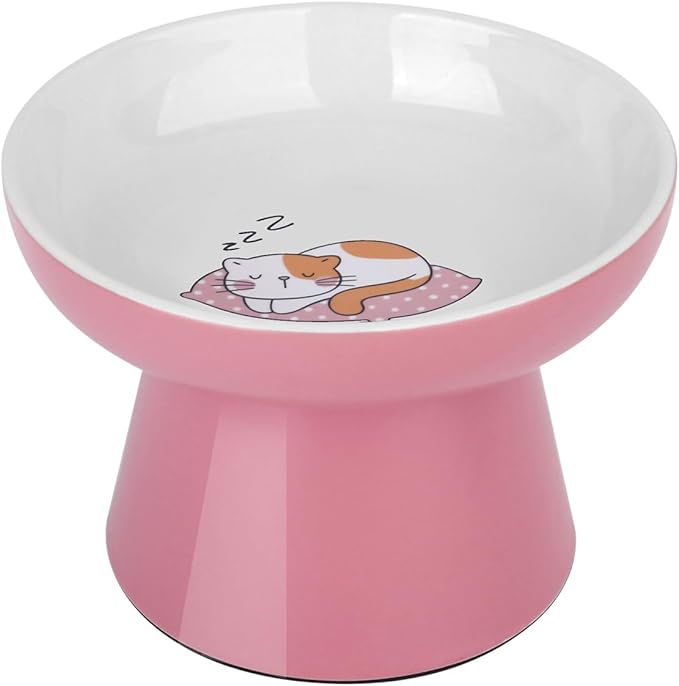 Raised Cat Food Bowl – Ceramic Elevated Cat Bowl for Whisker & Neck Fatigue,Non-Slip & Anti Vomiting Pet Feeder for Kittens to Adult Cats and Small Dogs,Dishwasher Safe(Pink)