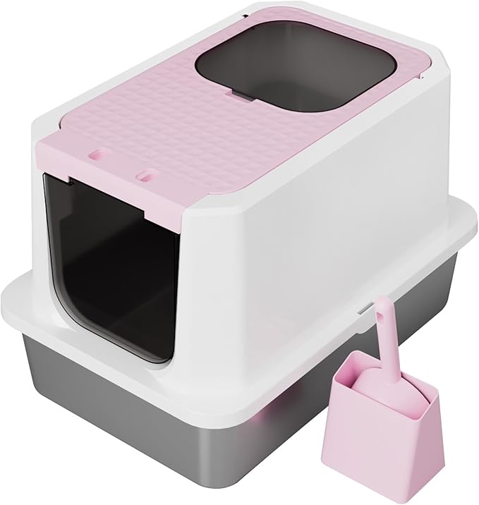 RIZZARI Extra Large Enclosed Cat Litter Box – Pink Stainless Steel Top Entry Litter Pan with Anti-Leak Design, Non-Stick Easy-Clean Surface & Odor Control for Indoor Spaces
