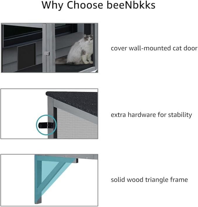 beeNbkks 2 Tiers Bug Proof Cat Catio, Window Cat House with Metal Mesh, Outdoor Enclosure for Indoor Pets, Expandable Wooden Perch, Safe Comfortable Haven for Pets, Keep Bugs Insects Out