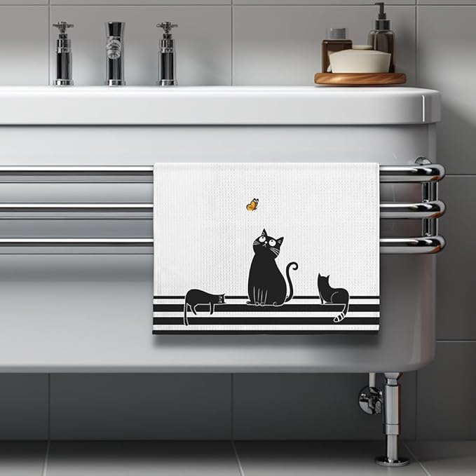 Cat Kitchen Towels - Quick-Dry Black Feline Gathering Art with Butterfly Watcher, Decorative Hand Towel for Humorous Pet Moms | Kitchen Dish & Bathroom Towels Decorative, Crazy Cat Lady Gifts