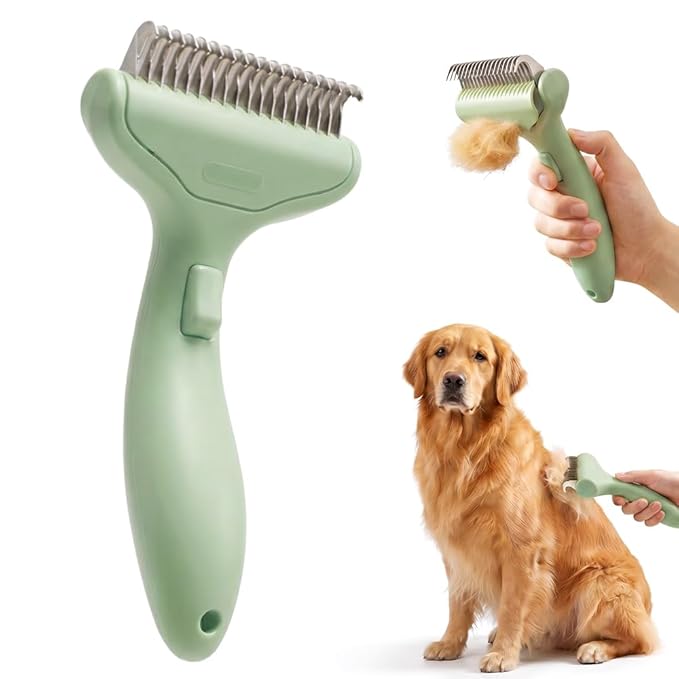 Dematting Comb for Dogs and Cats, Undercoat Rake Pet Brush for Long Hair, Dual-Sided Pet Grooming Brush Removes Tangles Knots and Loose Fur, Deshedding Grooming Tool (Green)