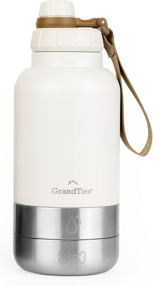 GrandTies Insulated Portable Dog Water Bottle with 2 Detachable Water Bowl Dispenser | Leak-Proof Dog Food Travel Container | Accessories for Dogs Walking, Hiking, Camping (32oz, Ivory White)