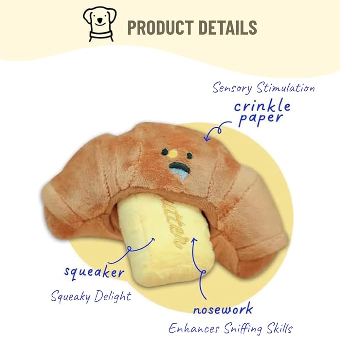 Hide and Seek Plush Croissant Dog Toys Squeaky Toys Enrichment Toys Interactive Burrow Activity Cute Dog Gifts Funny Toy Bundle for Small Medium Large Dogs (Croissant)