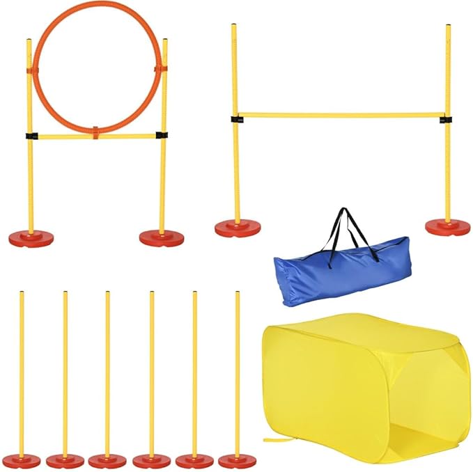 anwickjeff 4-Piece Dog Agility Training Equipment with Tunnel, Hurdle Bar, Hoop, Weave Poles, and Easy Carry Case,Obstacle Course for Dogs Backyard Competitive (Yellow, 4 Piece)