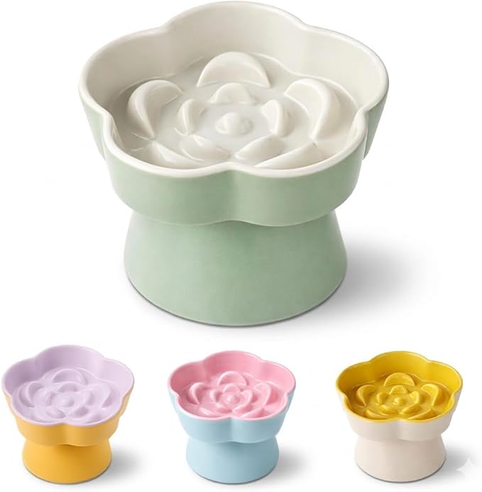 Ceramic Elevated Slow Feeder Cat Bowl, Raised and Gently Tilted Feeding Dish with Maze Design, Whisker-Friendly, Easy to Clean, for Indoor Cats and Small Dogs (Green/Ivory)