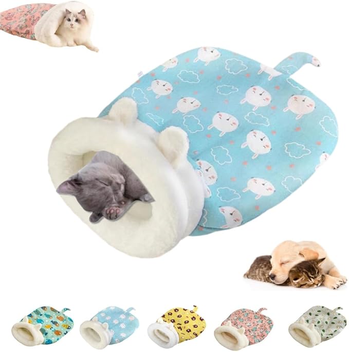 Sleeping Bag for Cats, Cozy Self Warming Cat Sleeping Bag for Indoor Cats, 360° Wrap Cat Hideaways Pet Snuggle Sack for Sleeping Relax Play (Blue)