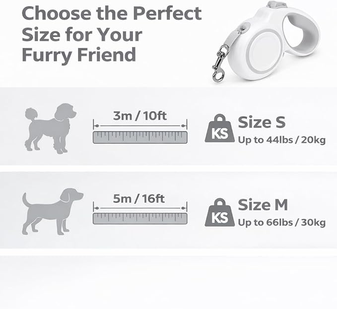 Retractable Dog Leash, 360° Tangle-Free Highly Reflective Nylon Tape, Non-Slip Rubberized Handle, 10-16FT Long Dog Leash for Dogs up to 66LBS,M-Gray