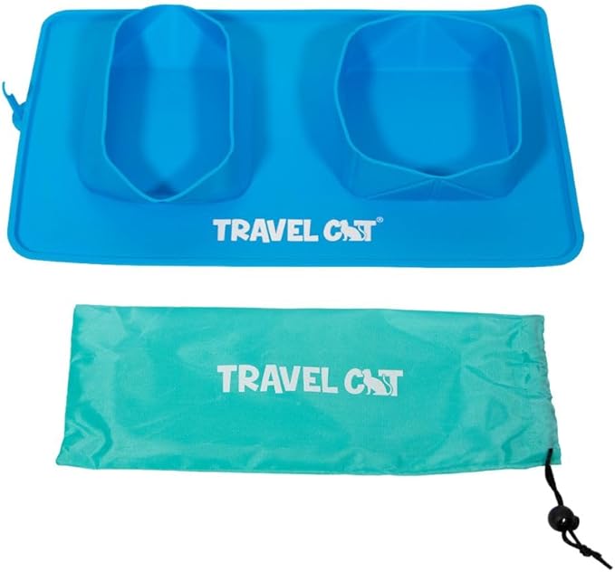 Travel Cat Collapsible Food and Water Bowl - 2 in 1 Blue Portable Pet Skid Mate Cat Bowl with No-Spill and Non-Skid Foldable Silicone Mat - Portable Pet Feeder for Traveling, Camping, Hiking with Cat