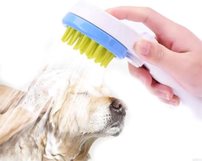 Dog Shower Sprayer 2 - in - 1 Pet Bathing Tool with Silicone Massage Brush and Hose - Gentle Hair Combing, Water Flow Control for Dogs & Cats Grooming and Bathing (Blue)