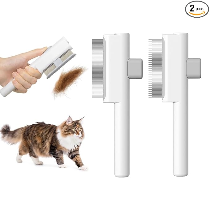 Marchul 2 Pack Self-Cleaning Pet Grooming Comb Set, Cat & Dog Flea Brush with One-Click Release Button, Stainless Steel Round Teeth Comb for Removing Tangles, Loose Fur and Shed Hair, White