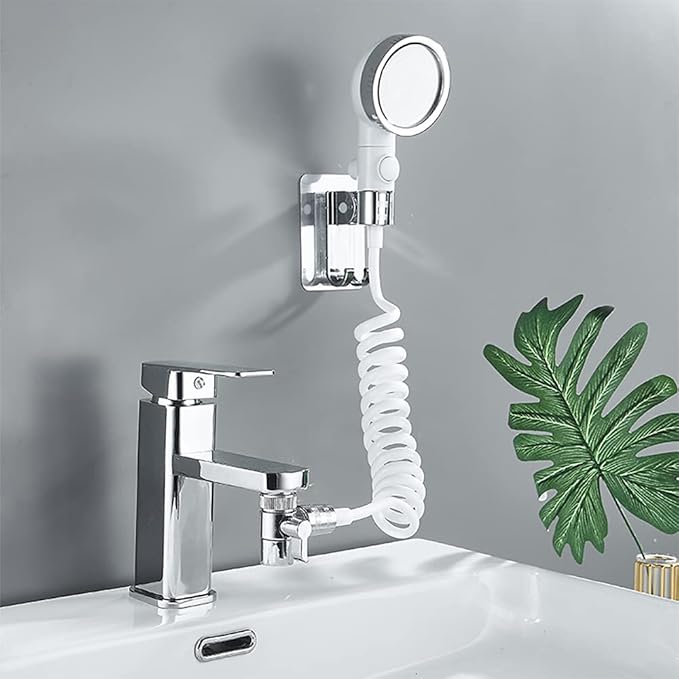 Generic Basin Handheld Shower Set, Sink Hose Faucet Sprayer Attachment, with Stop Water-saving Function For Hair Pet Washing Baby Bath, Update Bathroom Bathtub Utility Kitchen, Chrome + White