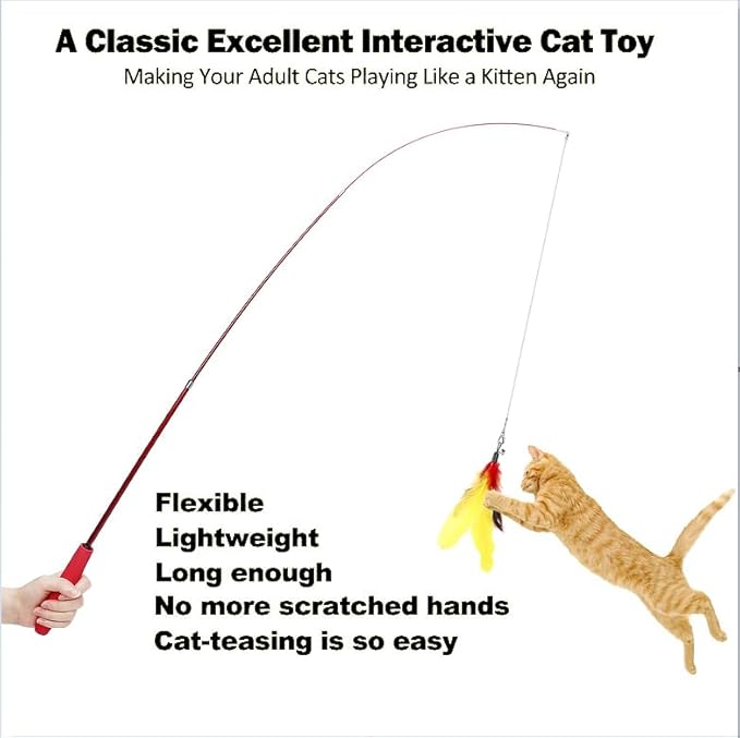 Interactive Cat Toys - Retractable Wand Toy and Feather Toys Refills for Indoor Cats to Chase and Exercise