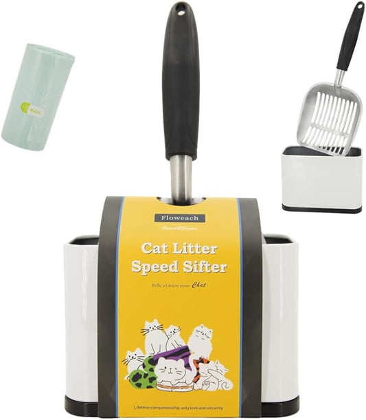 Heavy-Duty Cat Litter Scoop with Holder&Litter Bags, Metal Cat Scooper with Bags, Aluminum Kitty Poop Sifting Shovel Captures All Clumps, Speed Sifter Litter Box Scooper with Cats Caddy
