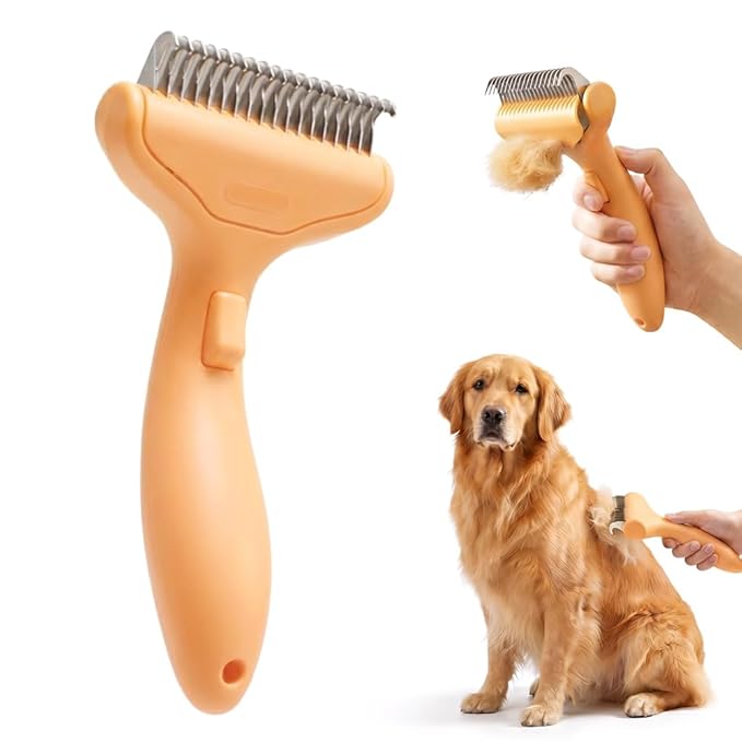Dematting Comb for Dogs and Cats, Undercoat Rake Pet Brush for Long Hair, Dual-Sided Pet Grooming Brush Removes Tangles Knots and Loose Fur, Deshedding Grooming Tool (Orange)