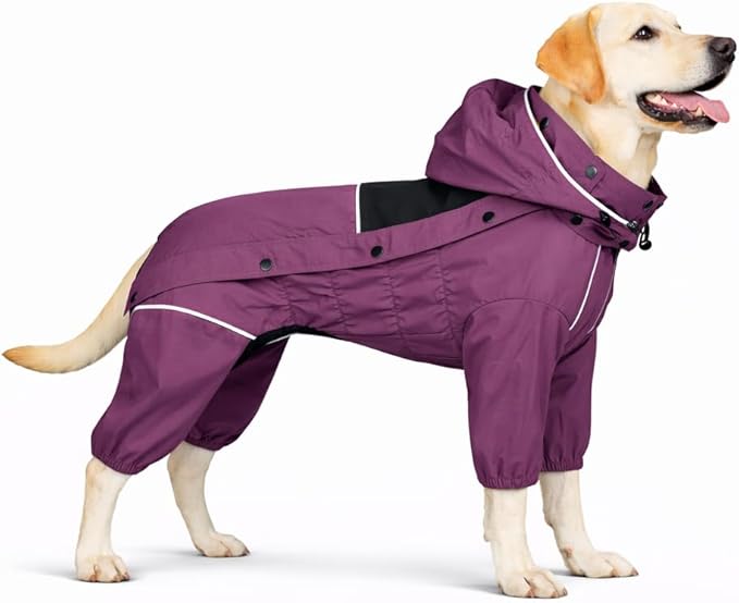 LOVELONGLONG Waterproof Dog Raincoat with Removable Hood – Outdoor Full Body Dog Jacket, Windproof Snowproof Shell Suit – All Season Pet Rain Gear Plum Purple XXL