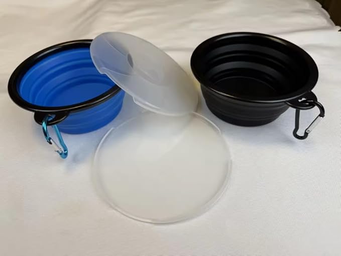 Limpet Collapsible Bowls,Set of 2 Travel Water Bowls for Pets, Portable Pet Feeding Watering Dish for Walking Parking Traveling with 2 Carabiners. (Blue+Black, Small)