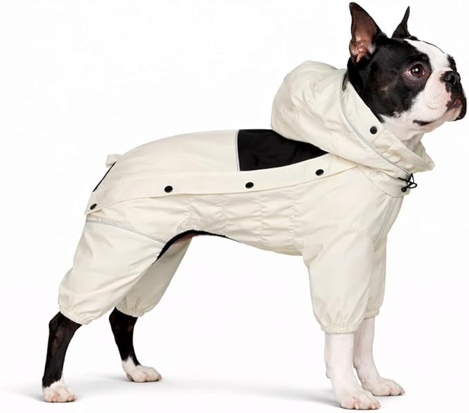 LOVELONGLONG Waterproof Dog Raincoat with Removable Hood – Outdoor Full Body Dog Jacket, Windproof Snowproof Shell Suit – All Season Pet Rain Gear Ivory M
