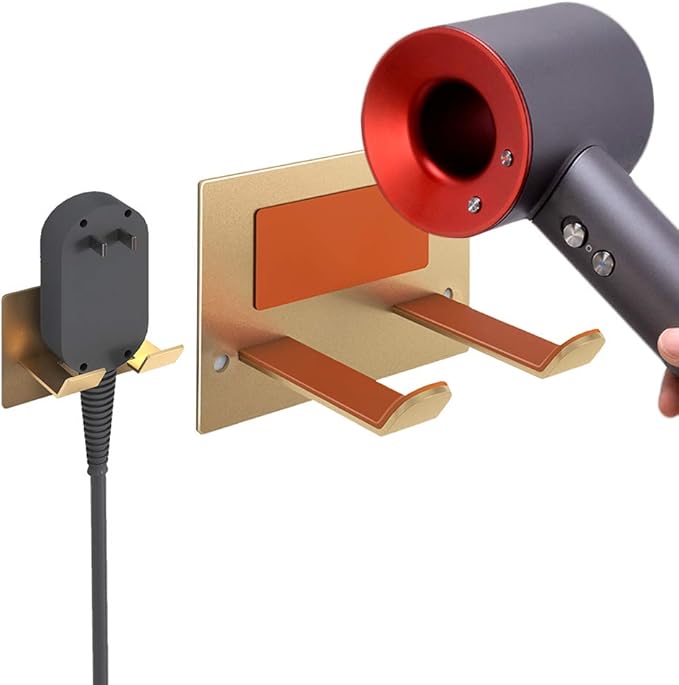 XIGOO Adhesive Hair Dryer Holder - Stick on Wall or Wall Mount Bathroom Hair Blow Dryer Rack Organizer Compatible with Supersonic Hair Dryers (Gold)