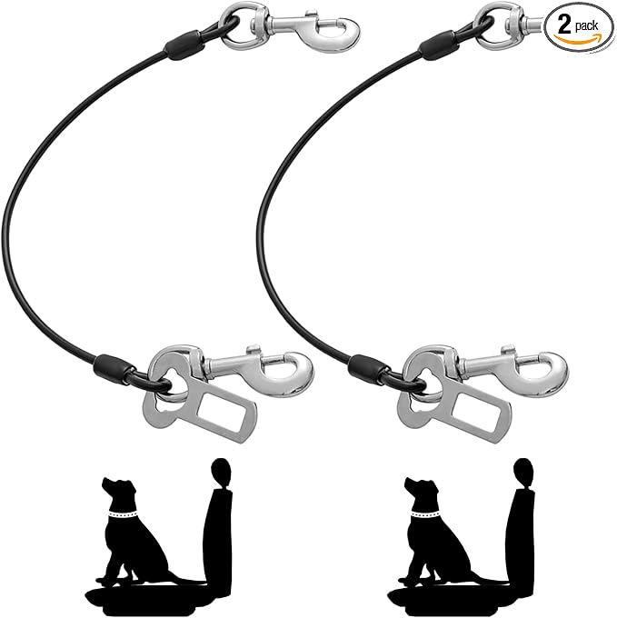 Dog Seat Belt Harness for Car,2pcs Dog Seatbelt of Coated Wire Leash Safety Restraint,No Chew Tether Cable Vehicle Dogs Accessories,Double Clips & Latch (2 Pack Black, 16 inch/40 CM)