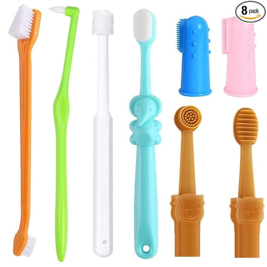 8 Pack Small Dog & Cat Toothbrush Kit, 360º Pet Toothbrush/Mini Head/Dual Head / 10000 Ultra-Soft Bristles Tooth Brush/Finger Toothbrushs for Cat Kitten Doggie Dental Care, Oral Hygiene
