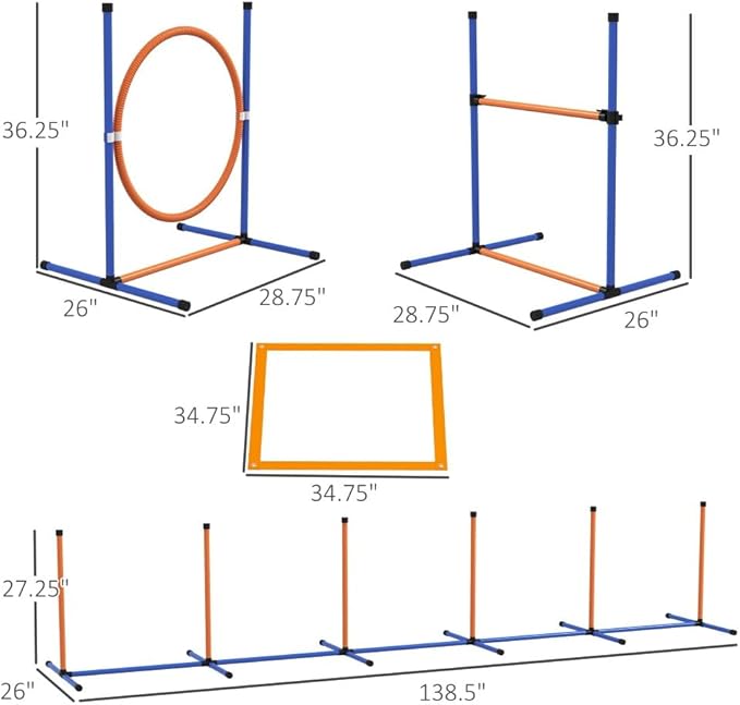 4 Pieces Dog Agility Training Equipment with Weave Poles, Adjustable Hurdle Jumping Ring, Pause Box, Whistle, Toy Balls for Backyard,Obstacle Course for Dogs Backyard (Blue + Orange, 4 Piece)