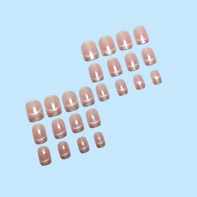 yefiuo Summer Press on Nails Short Square Glitter French Fake Nails Press ons Cat's Eye Acrylic False Nails Glue on Nails Reusable Nail Tips Kit Full Cover Stick on Nail Supplies for Women Girls 24Pcs